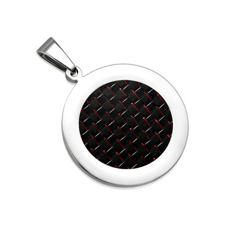 Stainless Steel Circle Pendant w/ Black & Red Carbon Fiber - Click Image to Close
